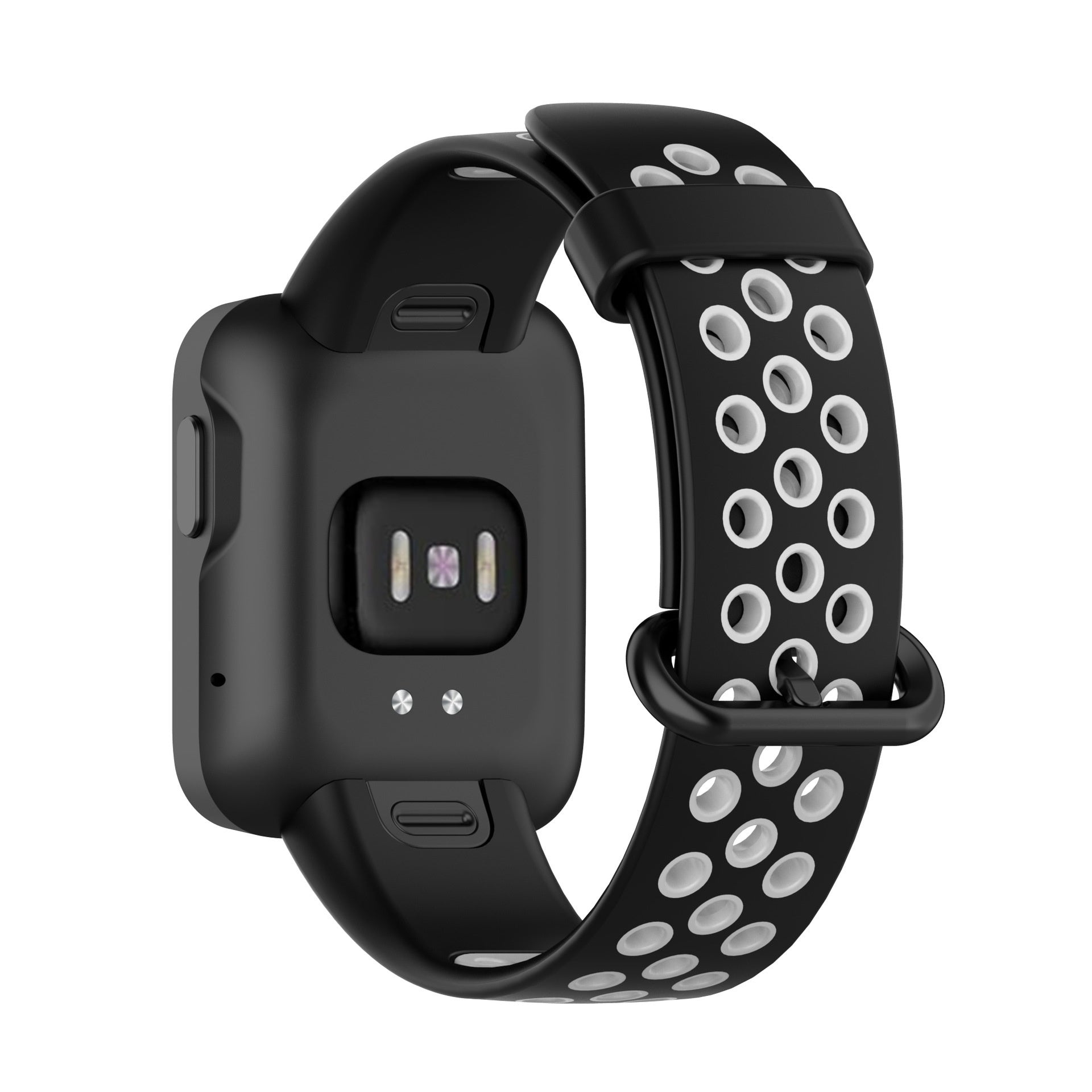 Schwarze Smartwatch mit gemustertem Armband. Das Armband ist schwarz mit weißen kreisförmigen Perforationen. Das Zifferblatt ist schwarz.