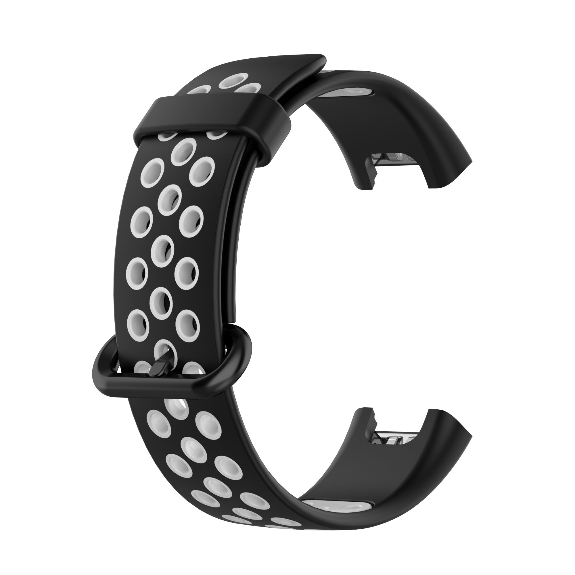 Schwarzes Uhrenarmband mit weißen Lochungen und einer schwarzen Schnalle. Das Armband hat C-Form.
