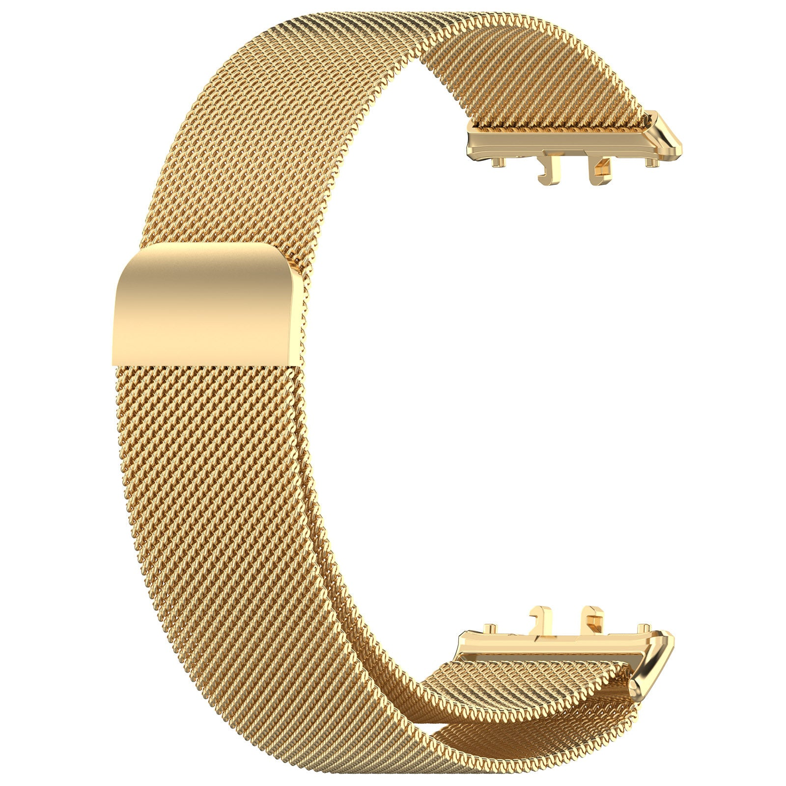 Goldenes Metallmaschen-Uhrenarmband. Das Armband hat einen Verschluss und einen Stecker. Der Hintergrund ist weiß.