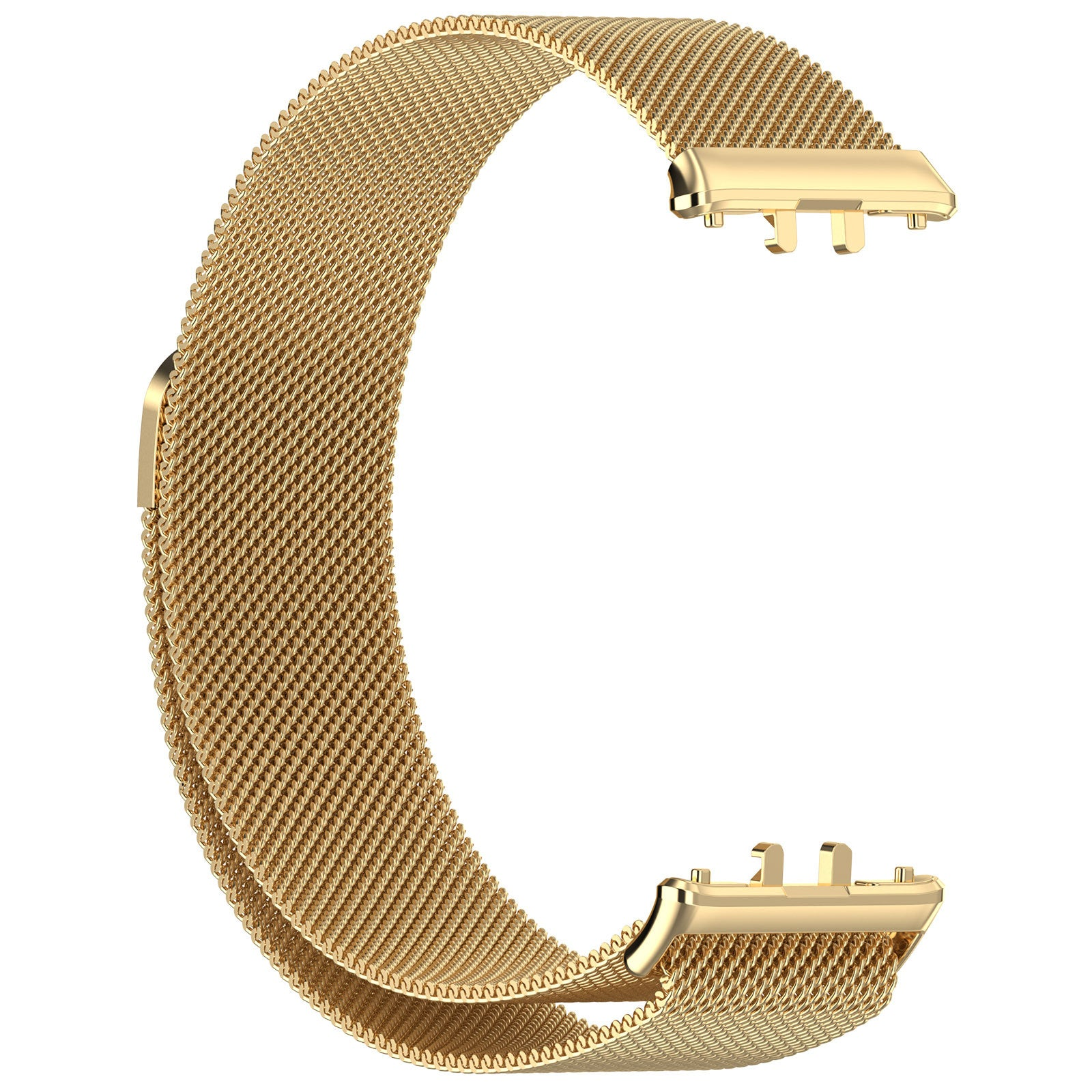 Ein goldfarbenes Mesh-Uhrenarmband, C-förmig gebogen, mit Verschlüssen an jedem Ende, isoliert auf weißem Grund.