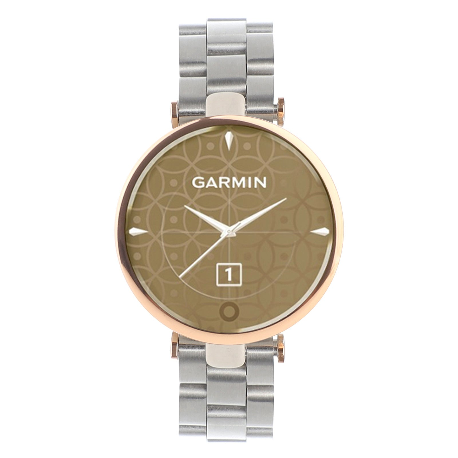 Eine Garmin-Uhr mit braunem Zifferblatt, goldener Lünette, silbernem Armband und Garmin-Logo. Das Datum ist 1.