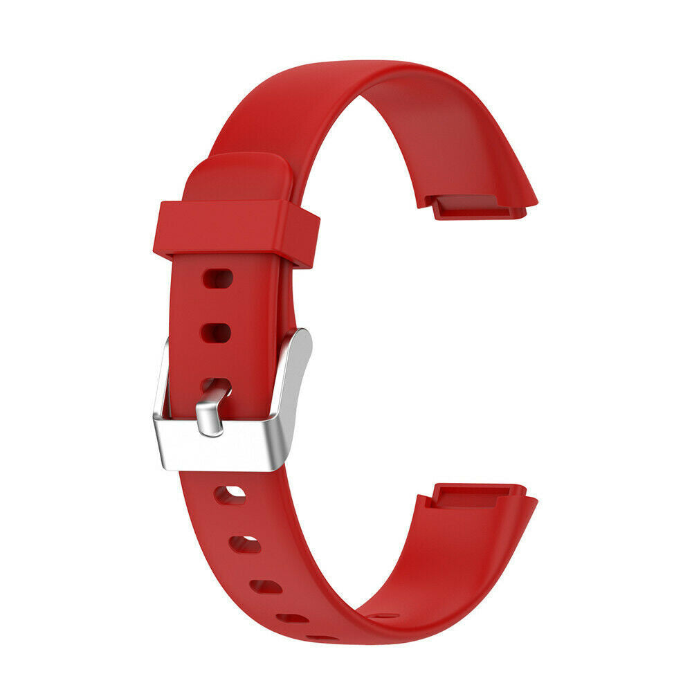Ein rotes Uhrenarmband mit silberner Schnalle. Es besteht aus flexiblem Material und ist für den Anschluss an eine Uhr bestimmt.