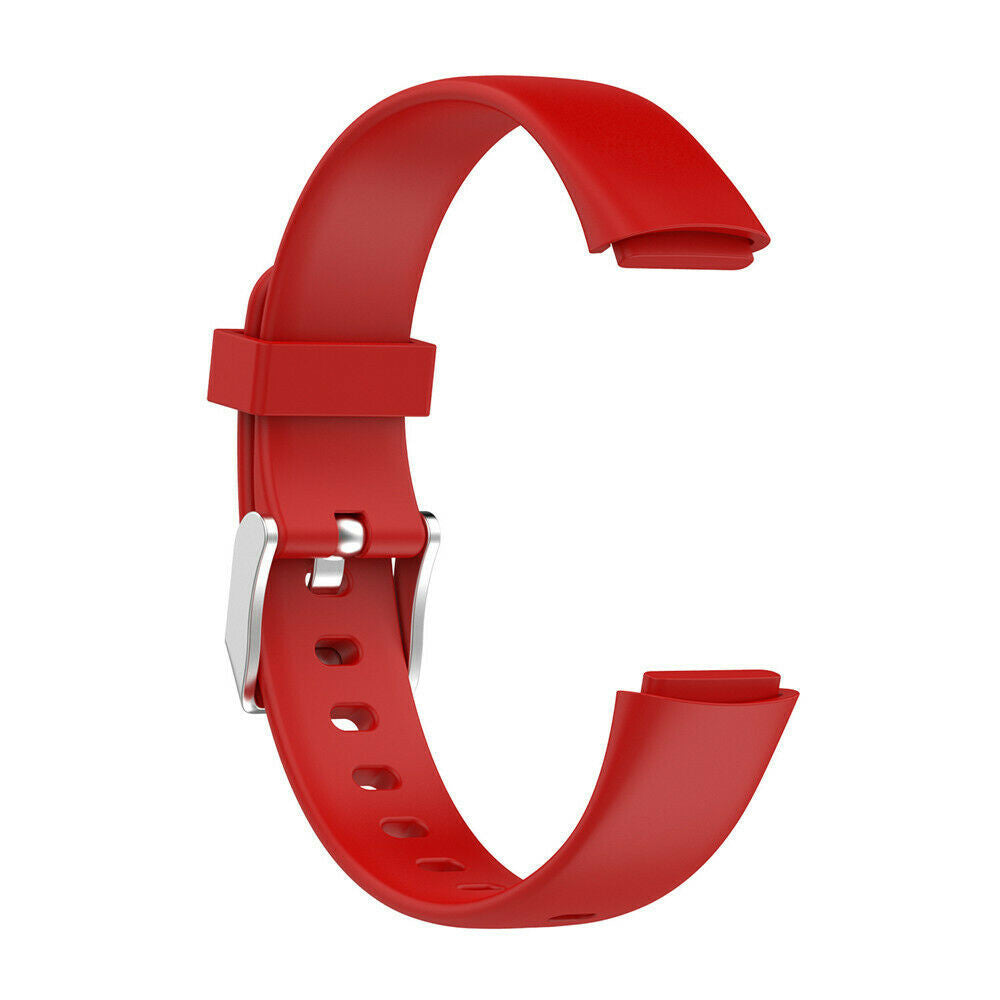 Ein rotes Uhrenarmband wird vor weißem Hintergrund dargestellt. Das Armband hat eine silberne Schnalle. Das Armband hat eine C-Form.
