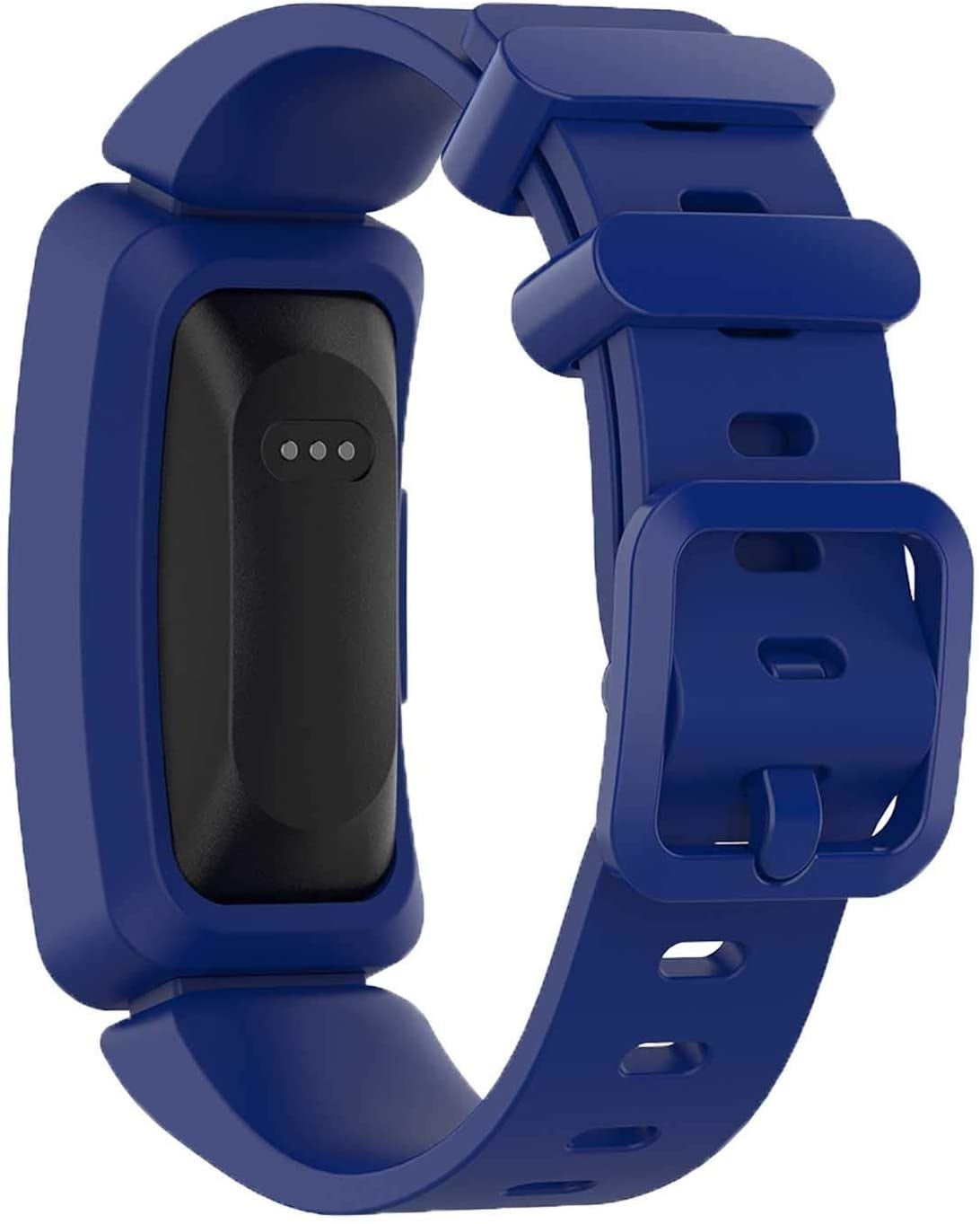 Ein blauer Fitness-Tracker mit schwarzem Bildschirm. Das Armband ist blau mit einer Schnalle. Auf dem Bildschirm sind drei kleine Punkte zu sehen.