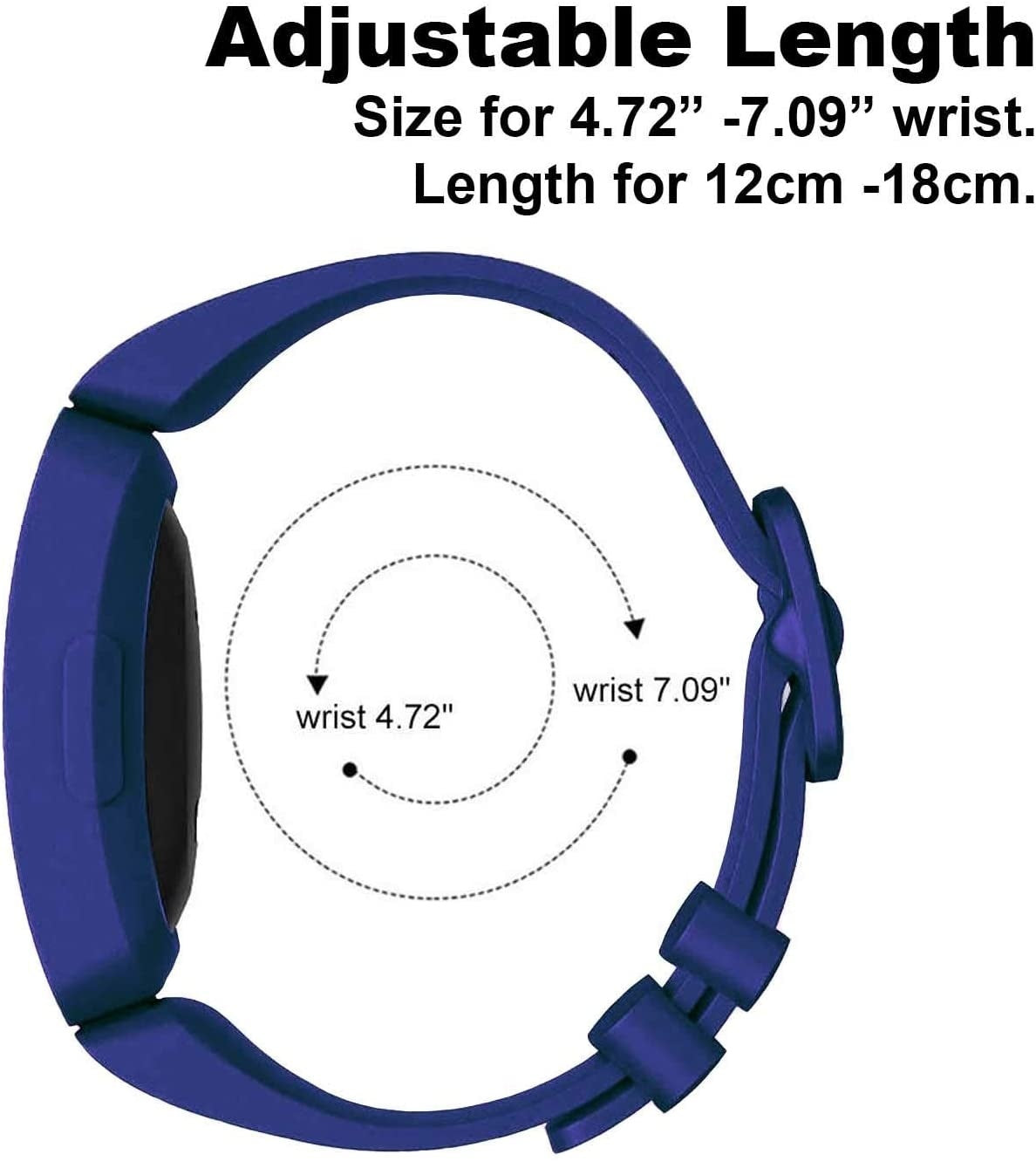 Ein blaues Uhrenarmband mit Text, der die verstellbare Länge angibt. Es zeigt Handgelenkgrößen und -längen in Zoll und Zentimetern.