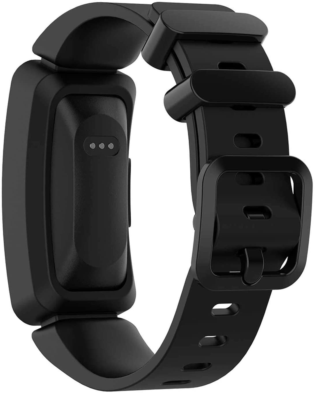 Nahaufnahme eines schwarzen Fitness-Trackers. Er hat einen rechteckigen Bildschirm mit drei kleinen Punkten. Der Riemen ist verschnallt.