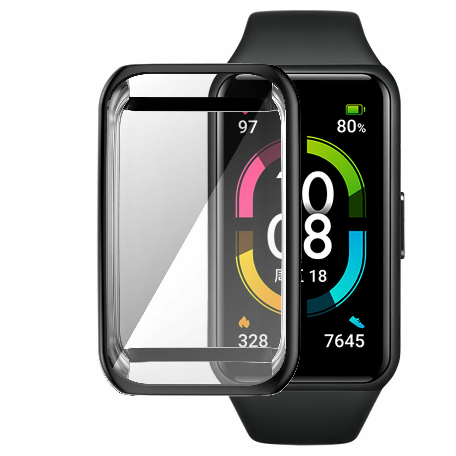 Eine schwarze Smartwatch mit Displayschutz. Der Bildschirm zeigt Zeit, Akku und Aktivitätsdaten.