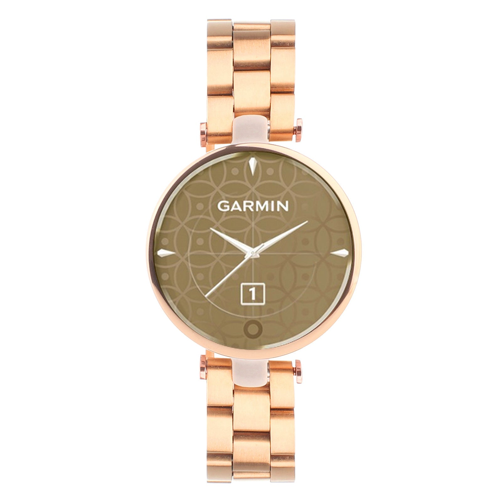 Eine roségoldene Garmin-Uhr. Das Zifferblatt ist olivgrün und zeigt Zeit und Datum. Das Armband ist ebenfalls roségold.