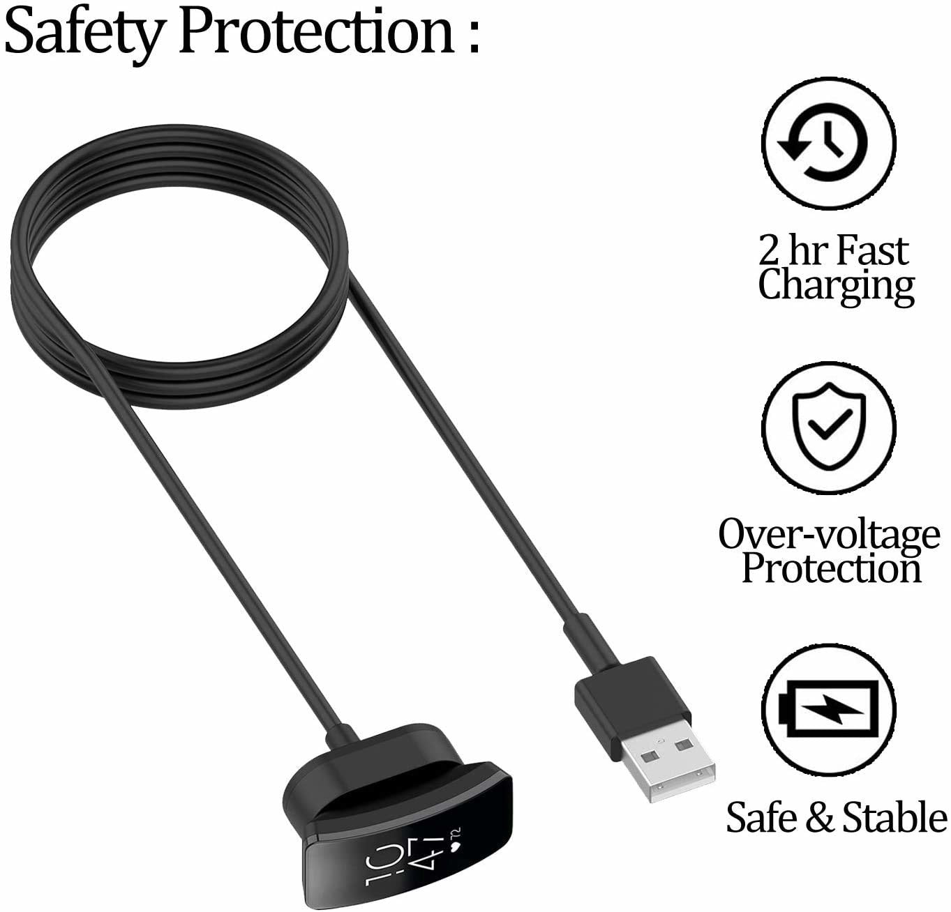 Schwarzes Fitness-Tracker-Ladekabel mit USB-Anschluss. Text: 2 Stunden schnelles Aufladen, Überspannungsschutz, Sicher & stabil.