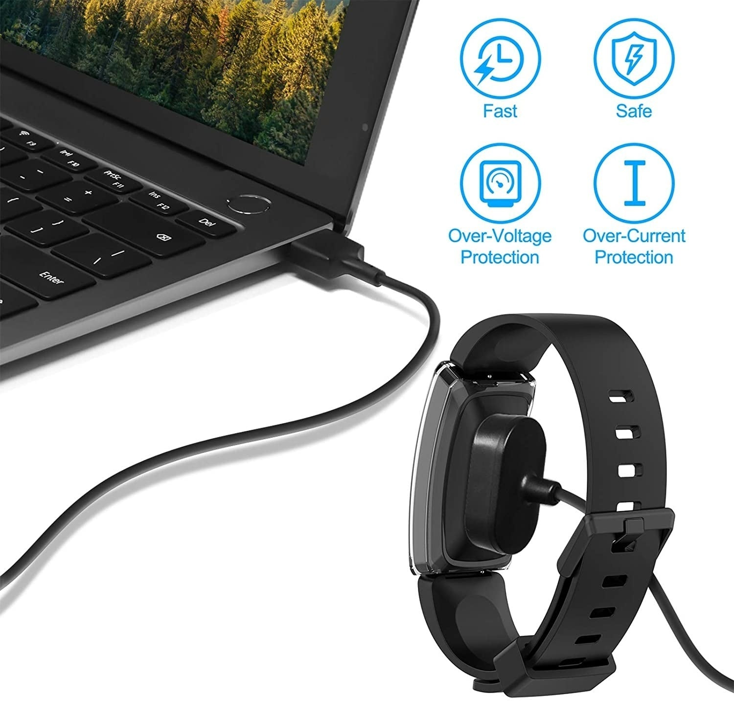 Eine schwarze Smartwatch wird über ein USB-Kabel aufgeladen, das mit einem Laptop verbunden ist. Symbole für schnell, sicher und Schutz sind im Hintergrund.