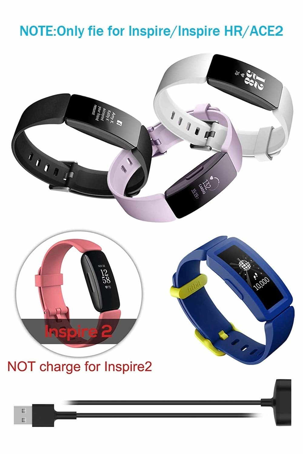 Verschiedene Fitness-Tracker: schwarz, weiß, rosa und blau. Anzeigen umfassen Zeit, Herzfrequenz und Aktivitätsdaten. Ein USB-Ladegerät ist ebenfalls vorhanden.