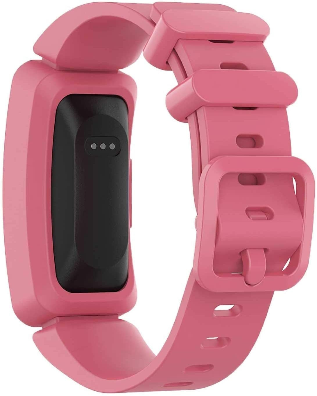Ein rosa Fitness-Tracker mit schwarzem Bildschirm und drei Punkten. Er hat ein rosa Armband mit Schnalle.