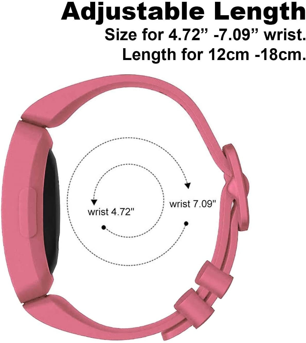 Ein rosa Fitness-Tracker mit verstellbarem Armband, die Handgelenkgröße ist von 4,72" bis 7,09" angegeben, und die Länge von 12cm bis 18cm.