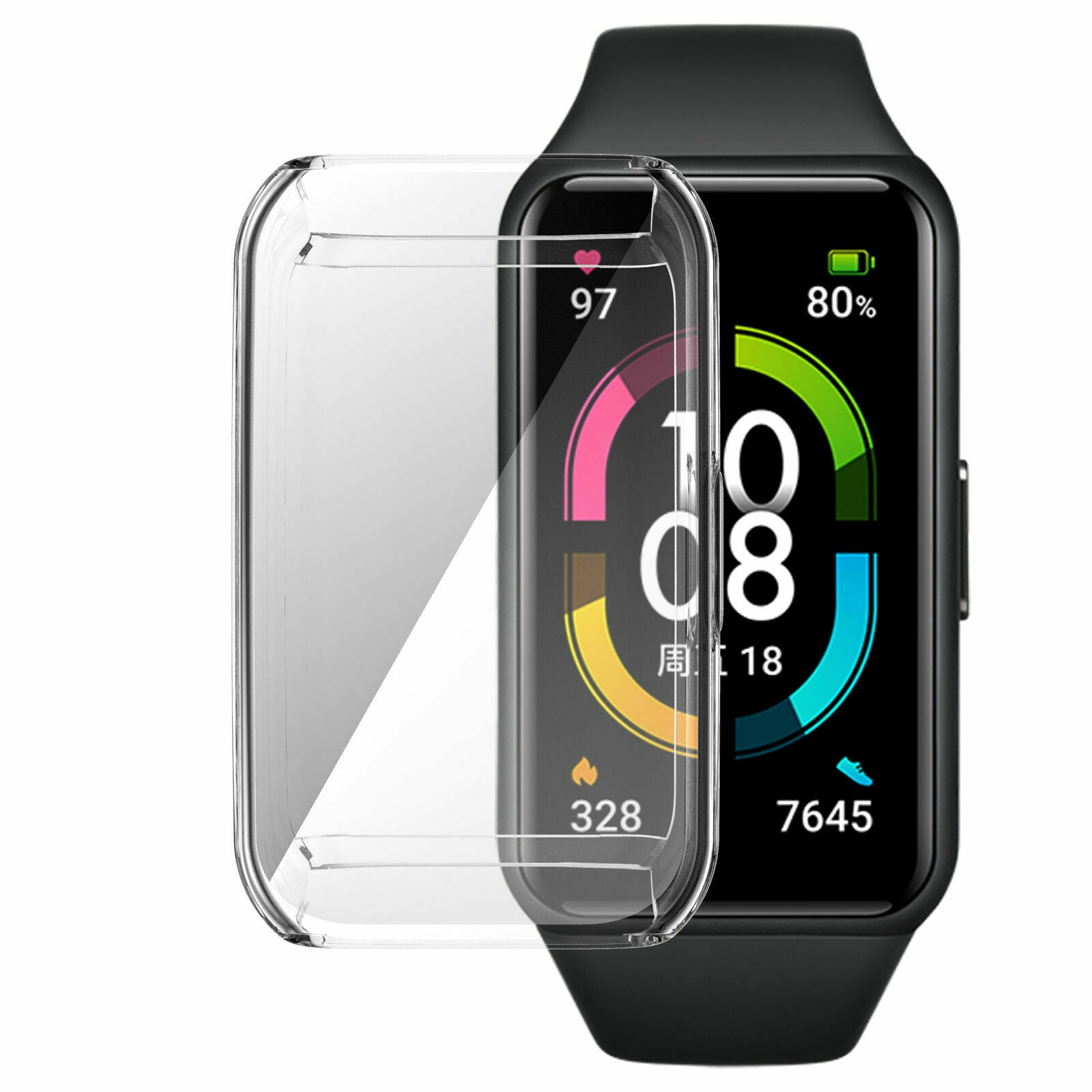 Schwarze Smartwatch mit Bildschirm, der Zeit, Herzfrequenz und Akkustand anzeigt. Eine transparente Schutzhülle davor.
