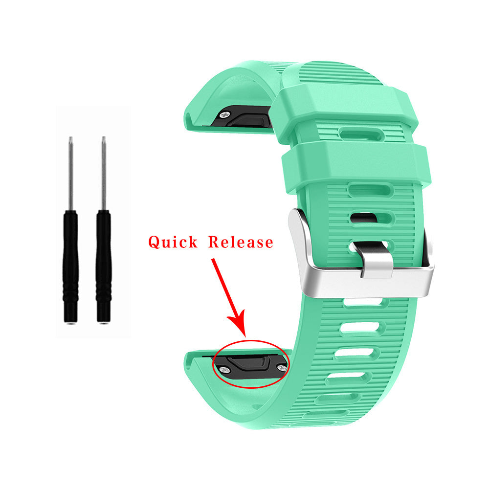 Ein türkisgrünes Uhrenarmband mit silberner Schnalle und zwei schwarzen Werkzeugen. Text: "Quick Release" mit Pfeil auf das Band.