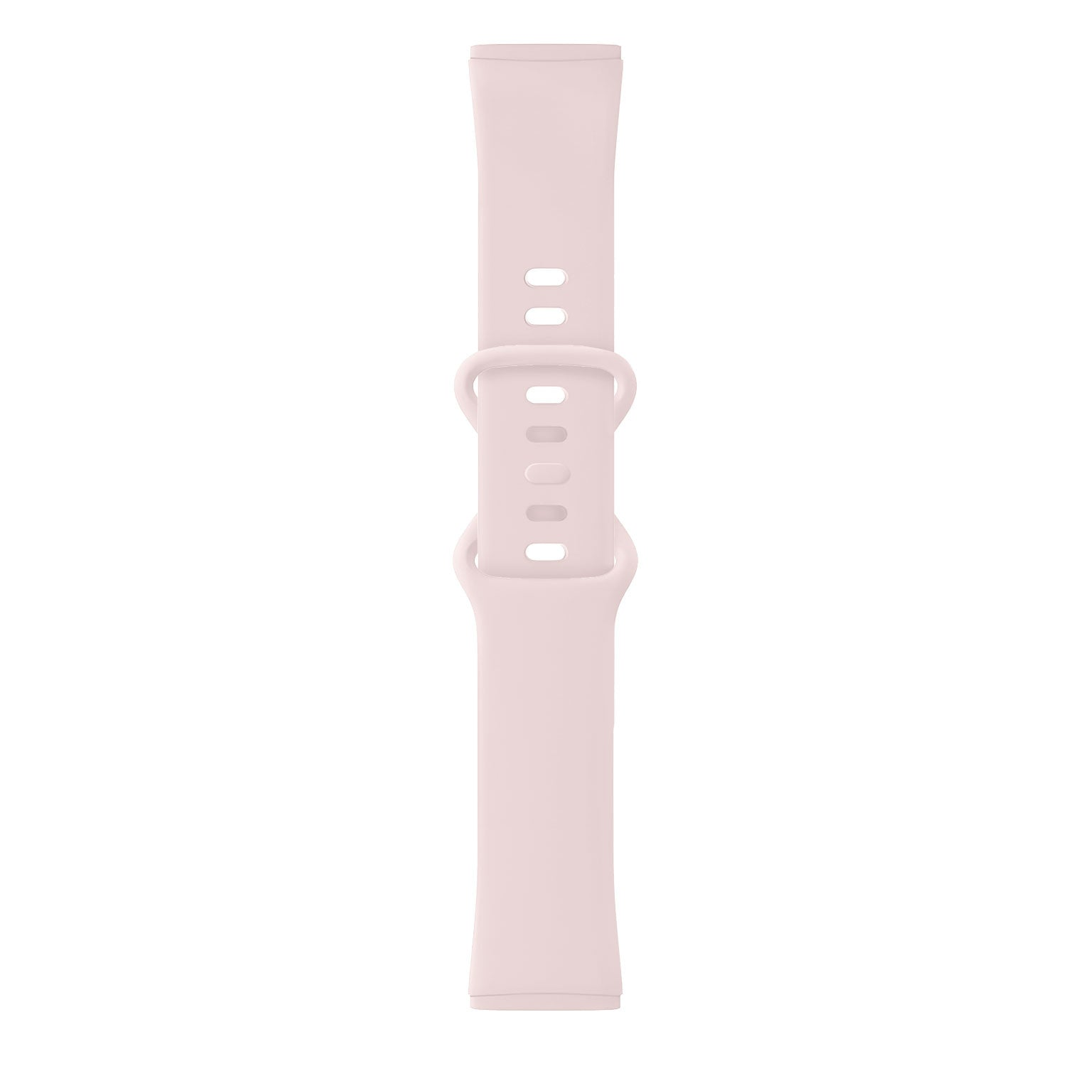 Ein hellrosa Uhrenarmband. Es hat eine Schnalle und Löcher zur Anpassung. Das Armband befindet sich vor weißem Hintergrund.