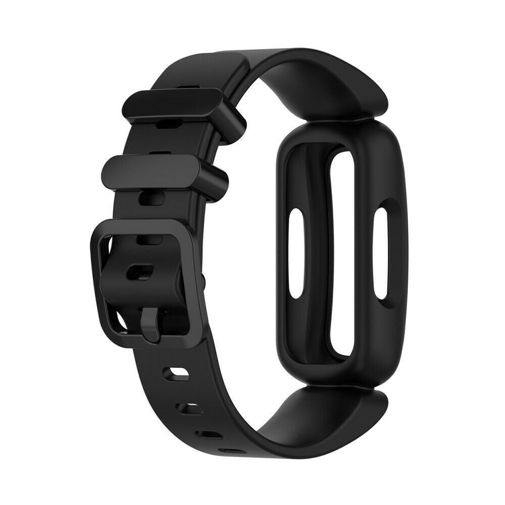 Ein schwarzes Uhrenarmband mit Schnalle, Löchern und geschwungenem Design. Der Hintergrund ist schlicht weiß.