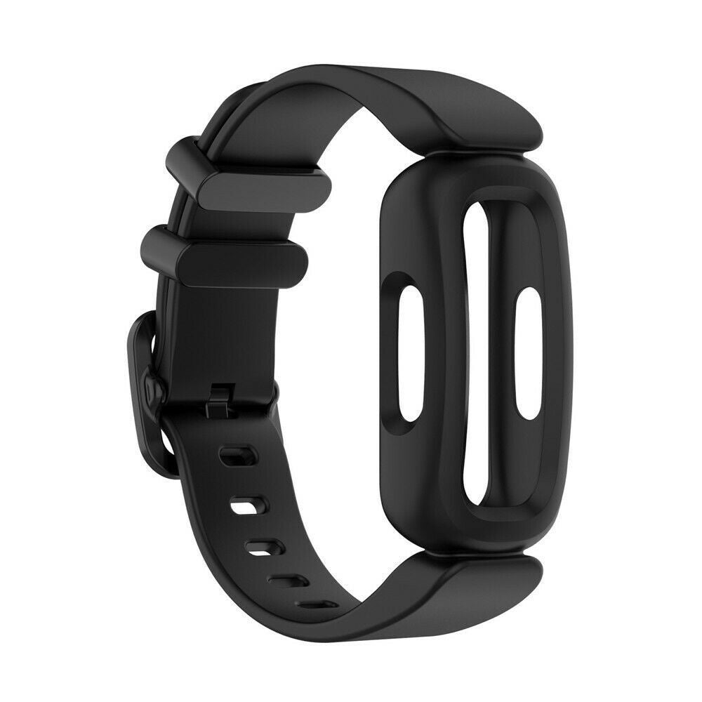 Ein schwarzes Fitness-Tracker-Armband. Es hat ein rechteckiges Zifferblatt mit zwei vertikalen Schlitzen und ein Armband mit Löchern und einer Schnalle.