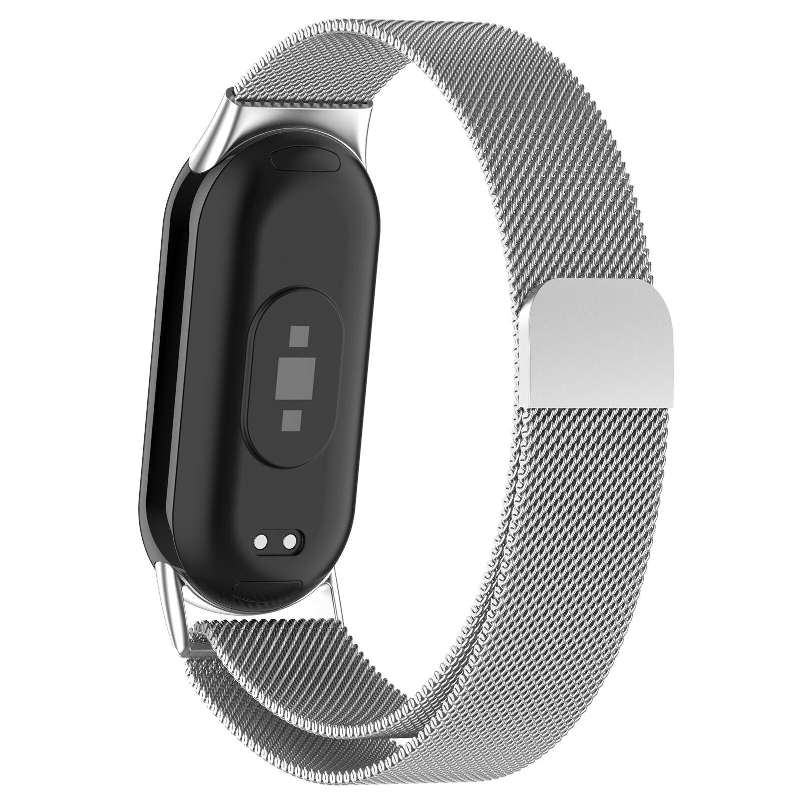 Ein schwarzer Fitness-Tracker mit silbernem Metallband auf weißem Hintergrund. Der Bildschirm zeigt zwei Quadrate.