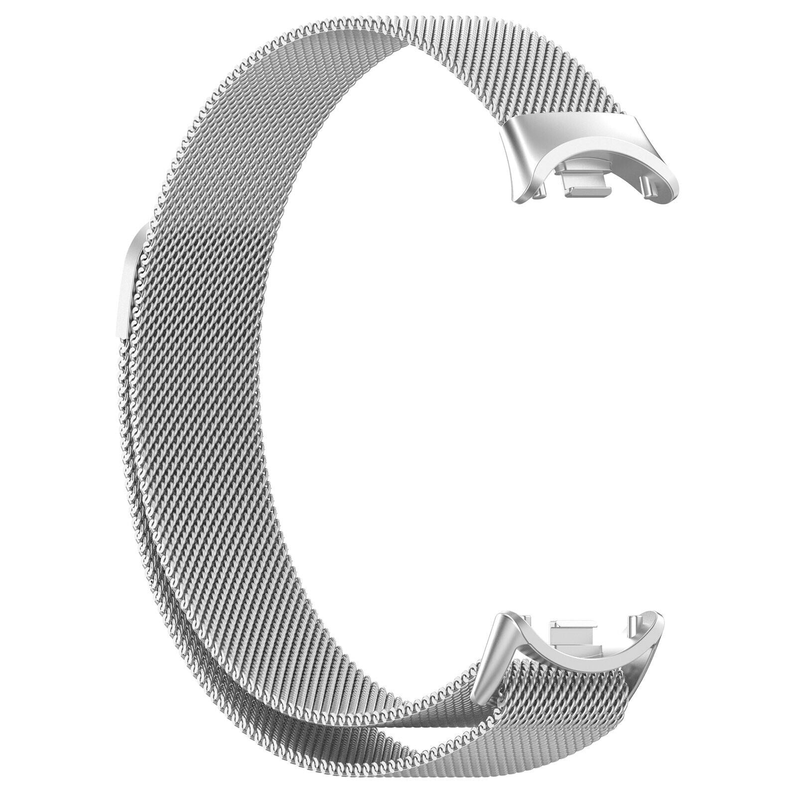 Ein silbernes Mesh-Uhrenarmband, 'C'-förmig gebogen, mit Anschlüssen an beiden Enden. Der Hintergrund ist schlicht weiß.