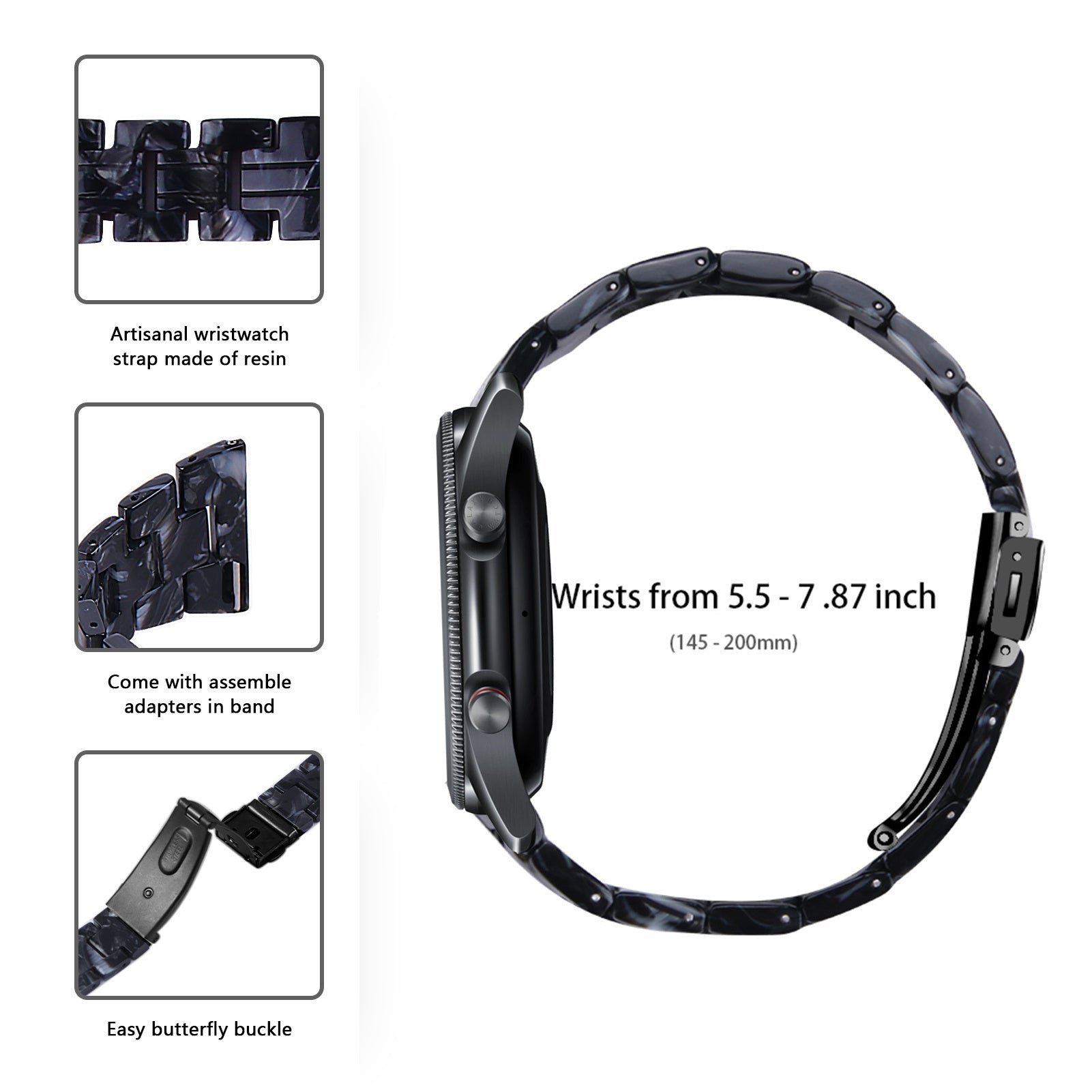 Schwarzes Uhrenarmband aus Kunstharz. Es hat eine Butterfly-Schließe und wird auf weißem Hintergrund gezeigt. Enthält Text: 'Handgelenke von 5,5 - 7,87 Zoll'.