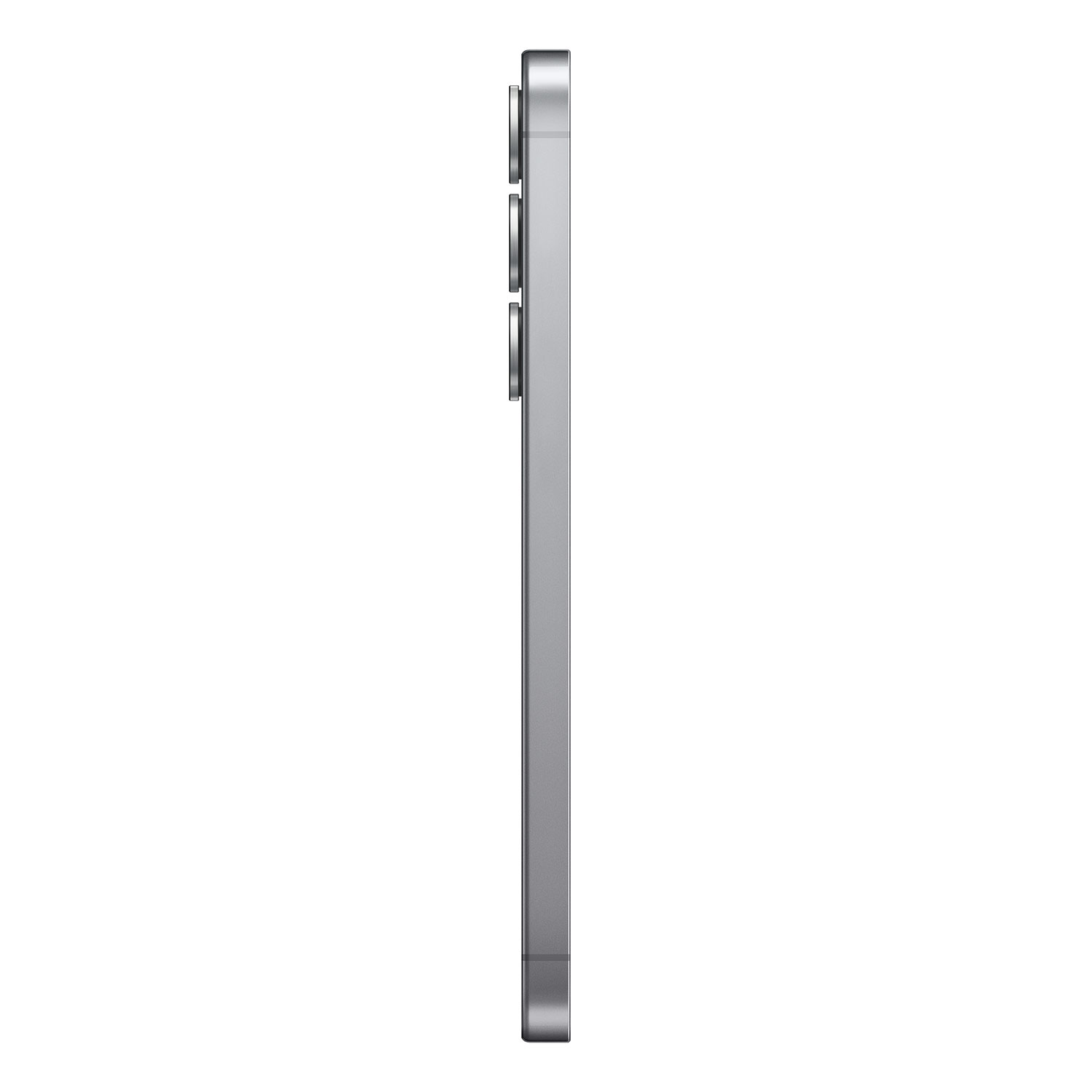 Seitenansicht eines silbernen Smartphones. Drei Kameralinsen sind an der Seite sichtbar, mit einem schlanken Metallrahmen.