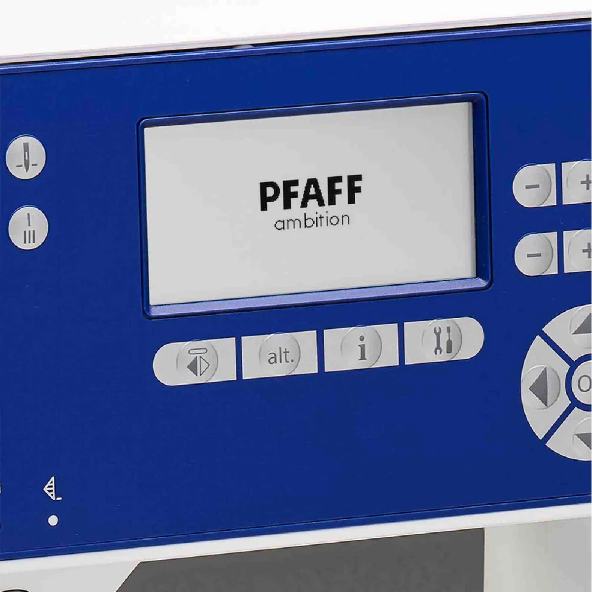 Primer plano de un panel de control azul de máquina de coser. Muestra la marca 'PFAFF ambition' y varios botones e iconos.
