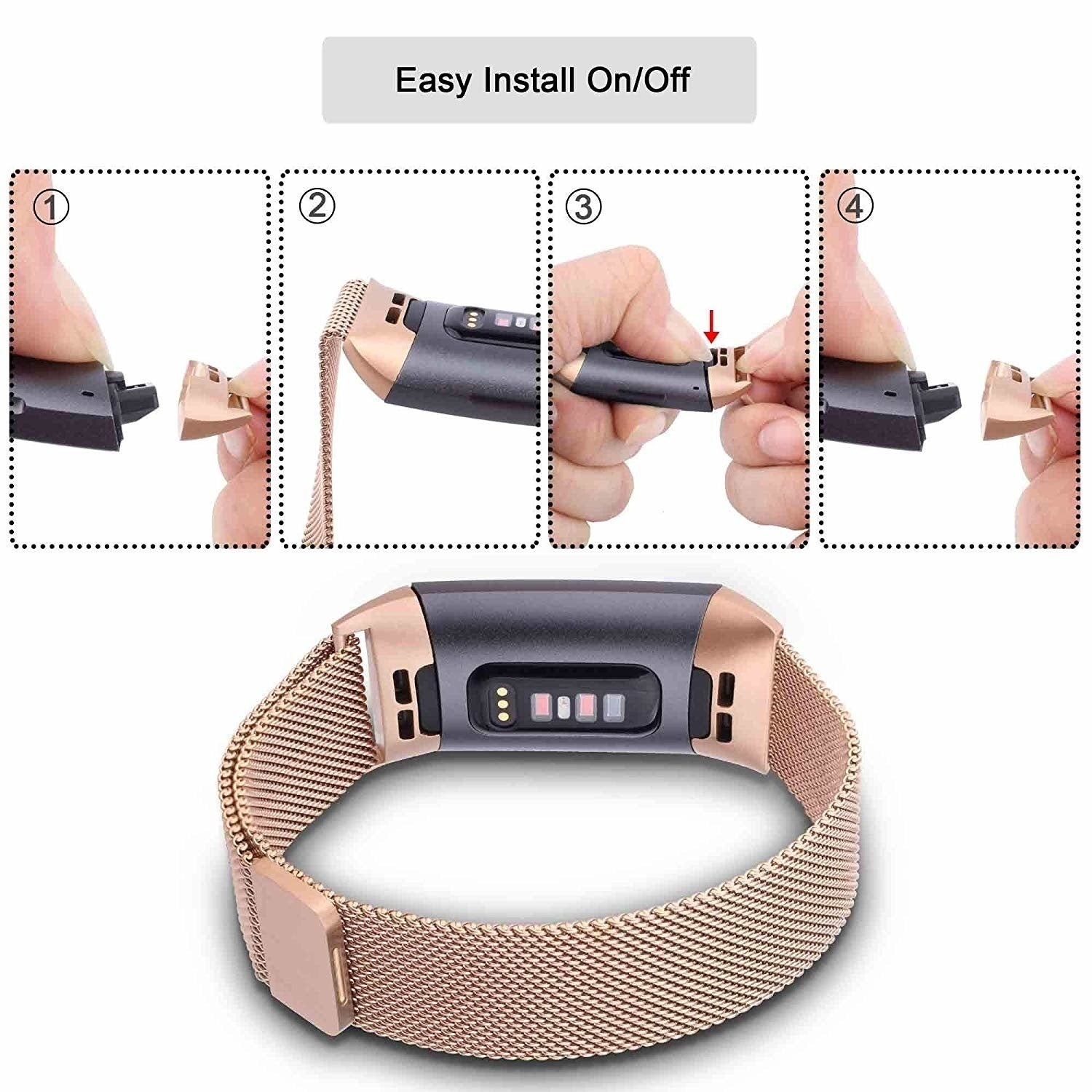 Schritte zur Installation eines Smartwatch-Armbands. Hände verbinden Bandstücke mit einem schwarzen Uhrengehäuse. Ein goldenes Mesh-Band wird unten gezeigt.