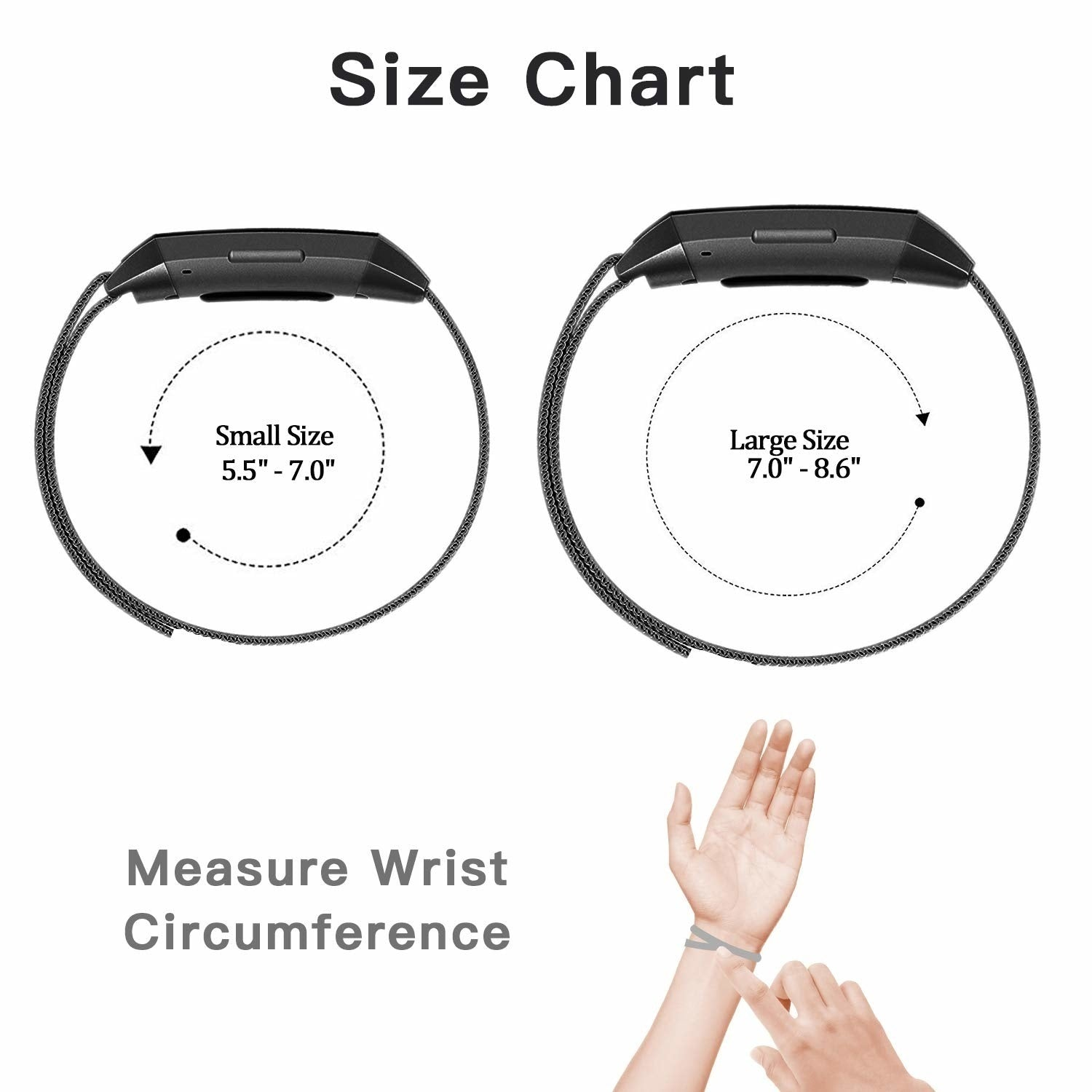 Größentabelle zeigt Armbänder. Kleine Größe ist 5,5"-7,0", große Größe ist 7,0"-8,6". Eine Hand misst den Handgelenkumfang.