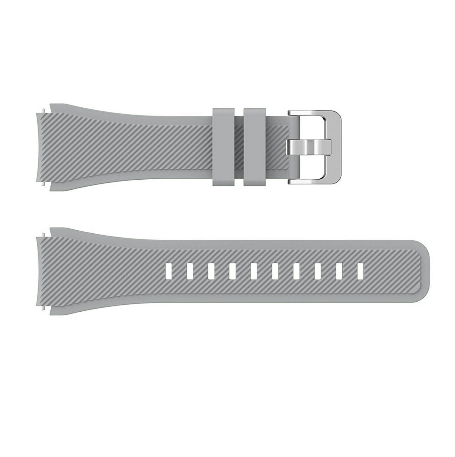 Zweiteiliges hellgraues Uhrenarmband mit silberner Schnalle. Das Band hat eine gerippte Textur und mehrere Löcher zur Anpassung.