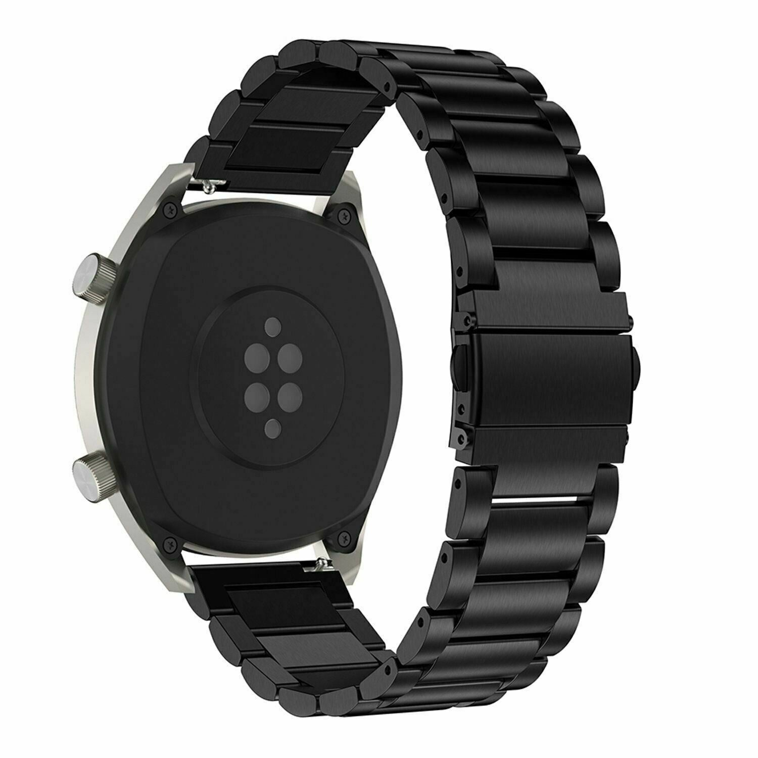 Schwarze Smartwatch mit schwarzem Metallband. Die Uhr ist rund mit zwei silbernen Knöpfen. Die Rückseite der Uhr ist schwarz.