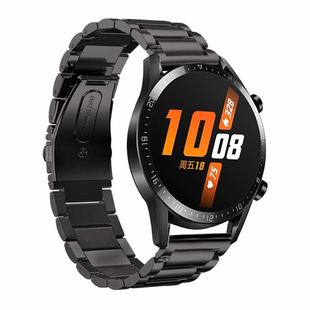 Schwarze Smartwatch mit Metallband, die Zeit und Datum anzeigt. Das Zifferblatt zeigt orangefarbene Zahlen und ist rund.