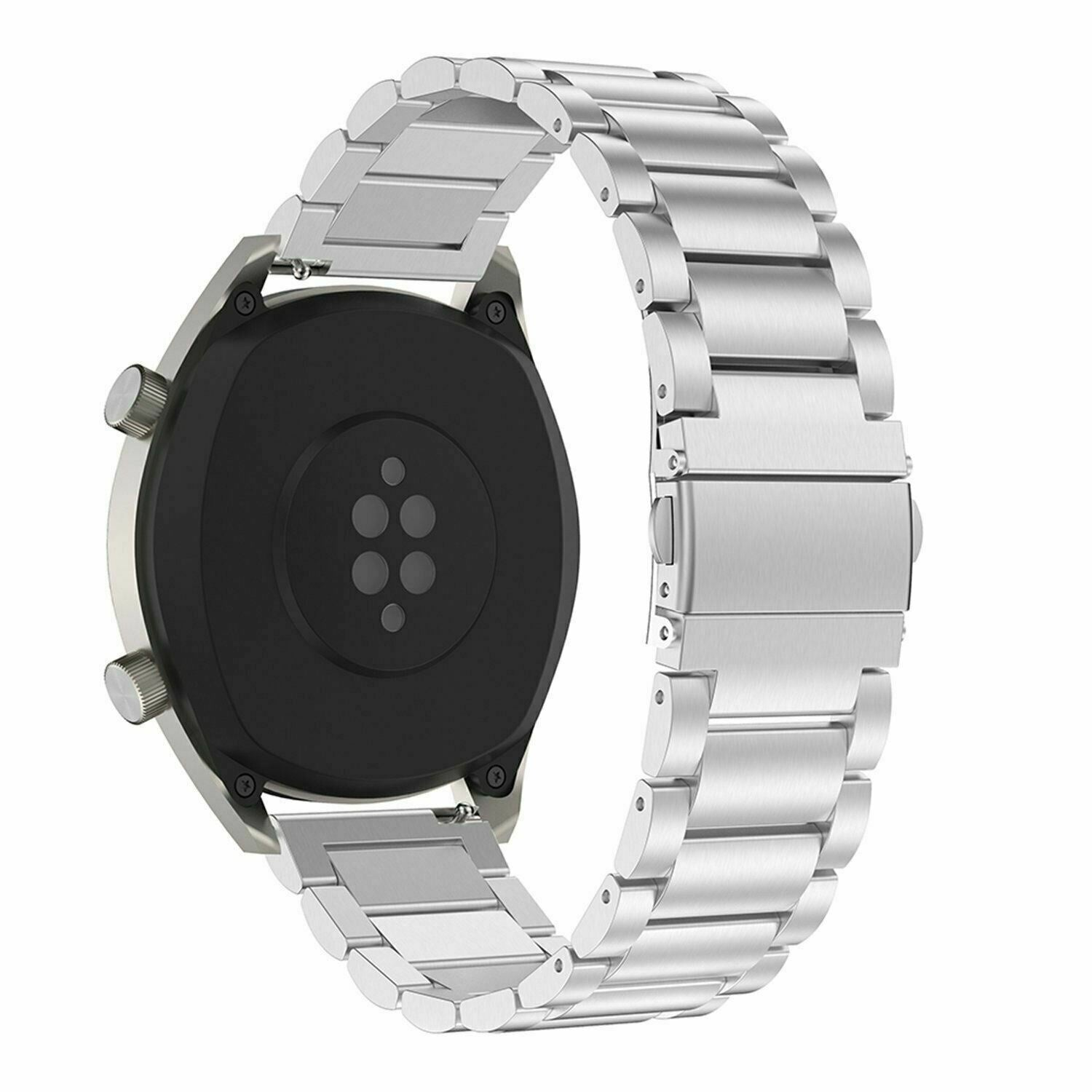 Silberne Smartwatch mit Metallarmband. Die Rückseite der Uhr ist schwarz mit Sensoren. Das Armband ist eine Reihe von Metallgliedern.