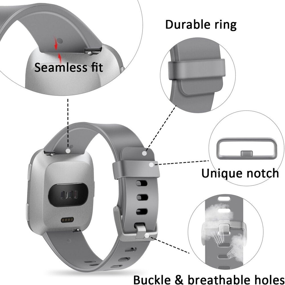 Graue Smartwatch mit nahtloser Passform, strapazierfähigem Ring, einzigartiger Kerbe und Schnalle mit atmungsaktiven Löchern. Details hervorgehoben.