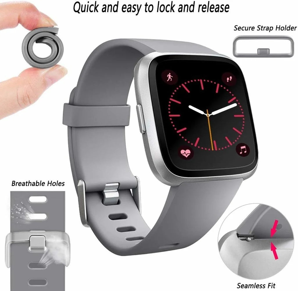 Graue Smartwatch mit schwarzem Bildschirm, der ein Ziffernblatt mit Symbolen zeigt. Zusätzliche Details heben Armbandfunktionen hervor.