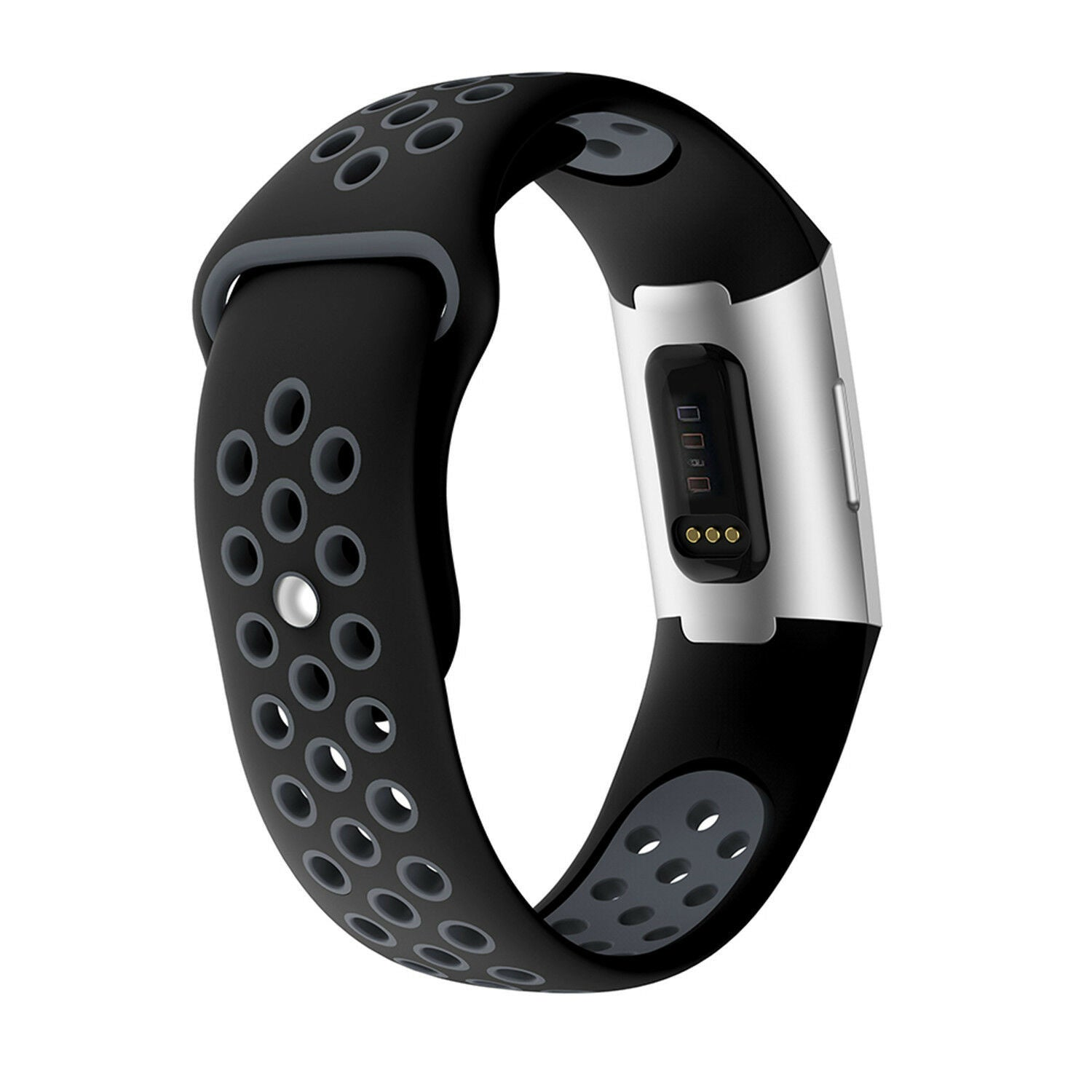 Ein schwarzes und graues Smartwatch-Armband. Auf dem Band befinden sich Perforationen. Das Zifferblatt ist silberfarben mit einem kleinen Bildschirm.