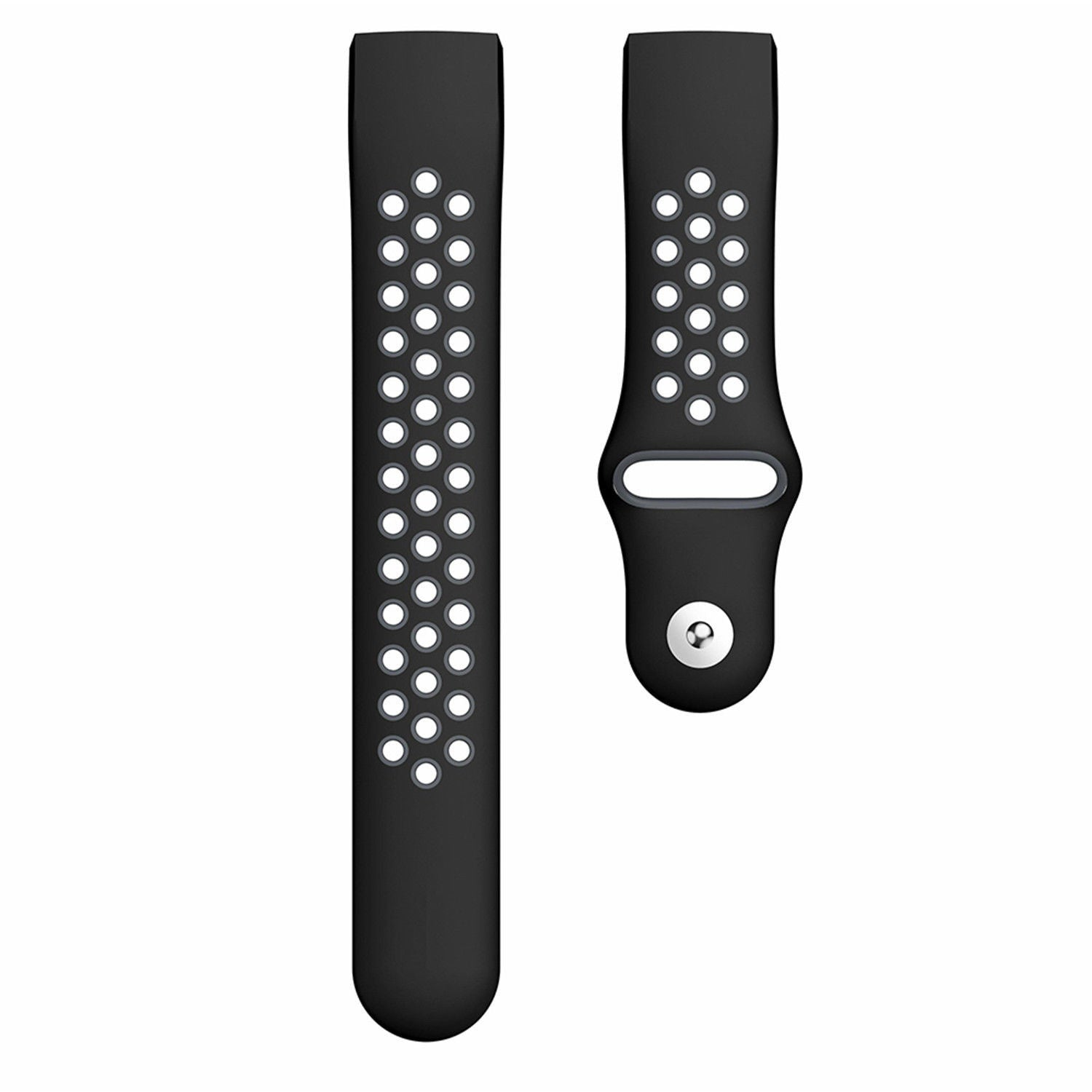Zwei schwarze Uhrenarmbänder. Eines lang, eines kürzer, beide mit weißen, gepunkteten Löchern. Das kürzere hat einen silbernen Knopf.