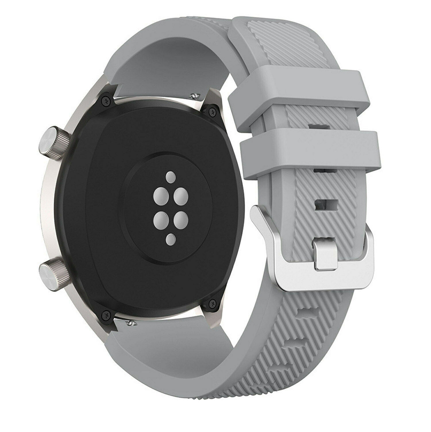 Eine graue Smartwatch mit schwarzer Rückseite und grauen Armband wird vor weißem Hintergrund gezeigt. Das Armband ist geschnallt.