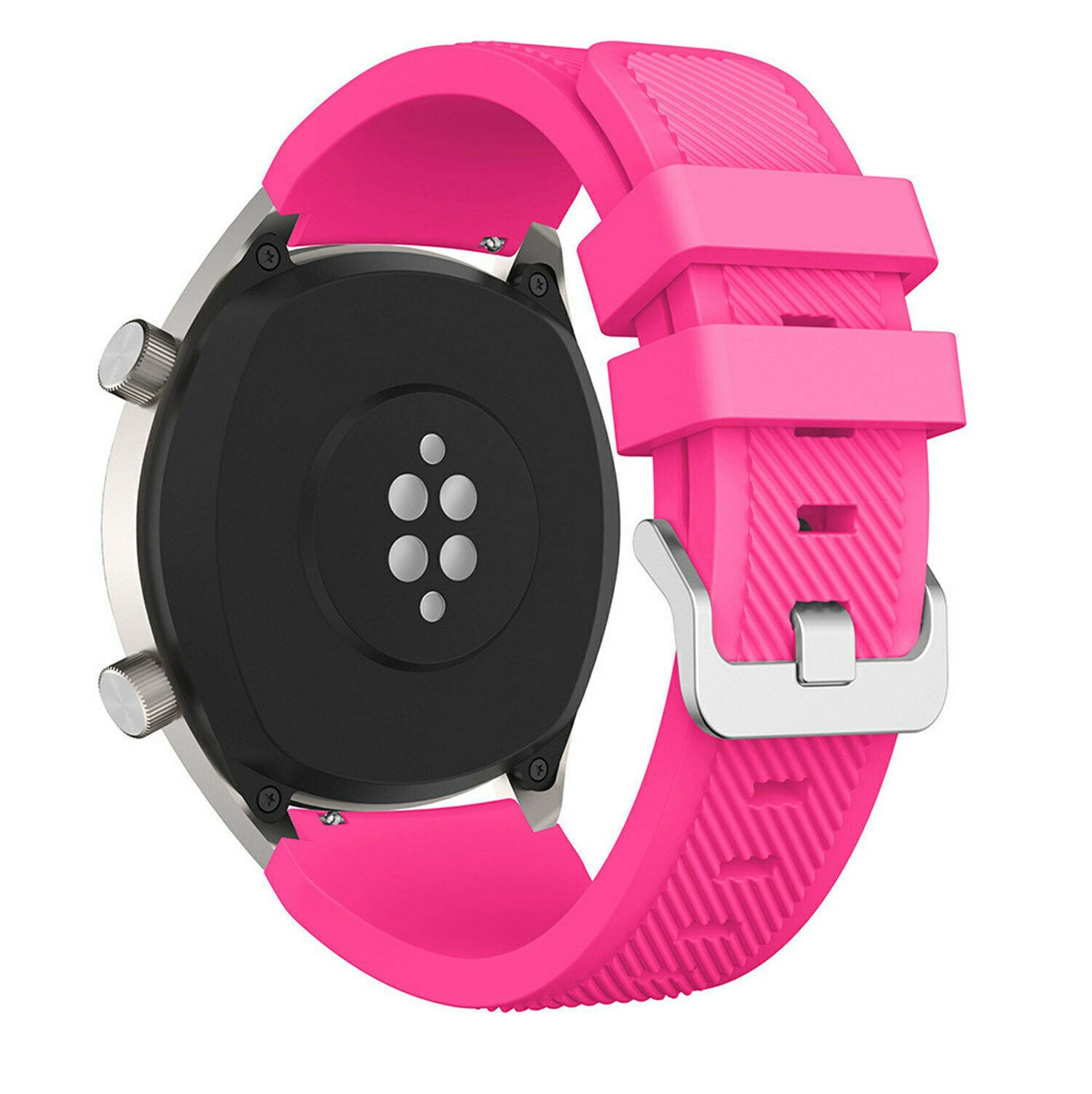 Eine Smartwatch mit pinkfarbenem Armband. Das Zifferblatt ist schwarz und das Armband hat eine silberne Schnalle. Die Uhr ist auf weißem Hintergrund.