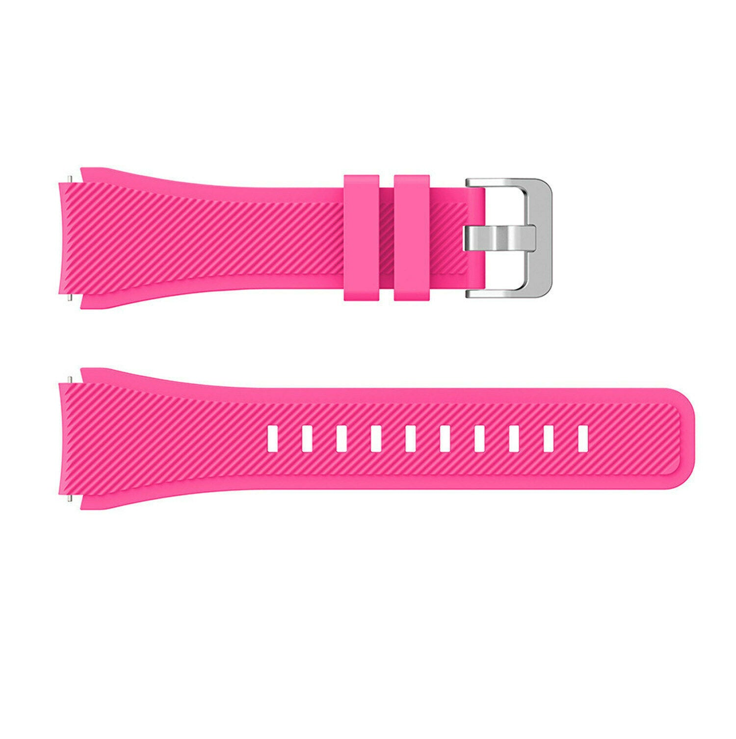 Zwei getrennte rosa Uhrenarmbänder. Das obere Armband hat eine silberne Schnalle. Das untere hat Löcher zur Anpassung. Beide sind auf weißem Grund.