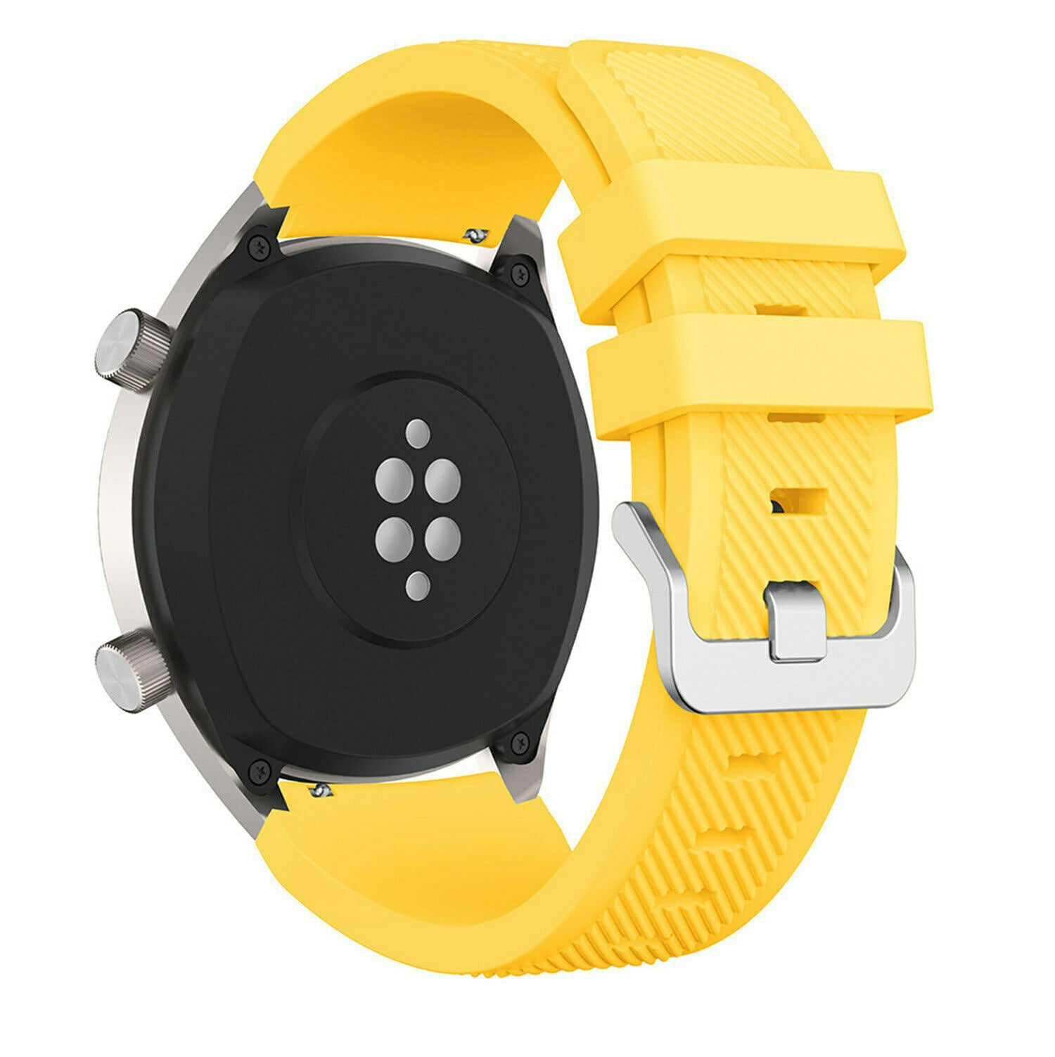 Eine gelbe Smartwatch mit schwarzer Rückseite, silberner Umrandung und gelbem Armband. Die Rückseite hat Sensoren, das Band eine silberne Schnalle.