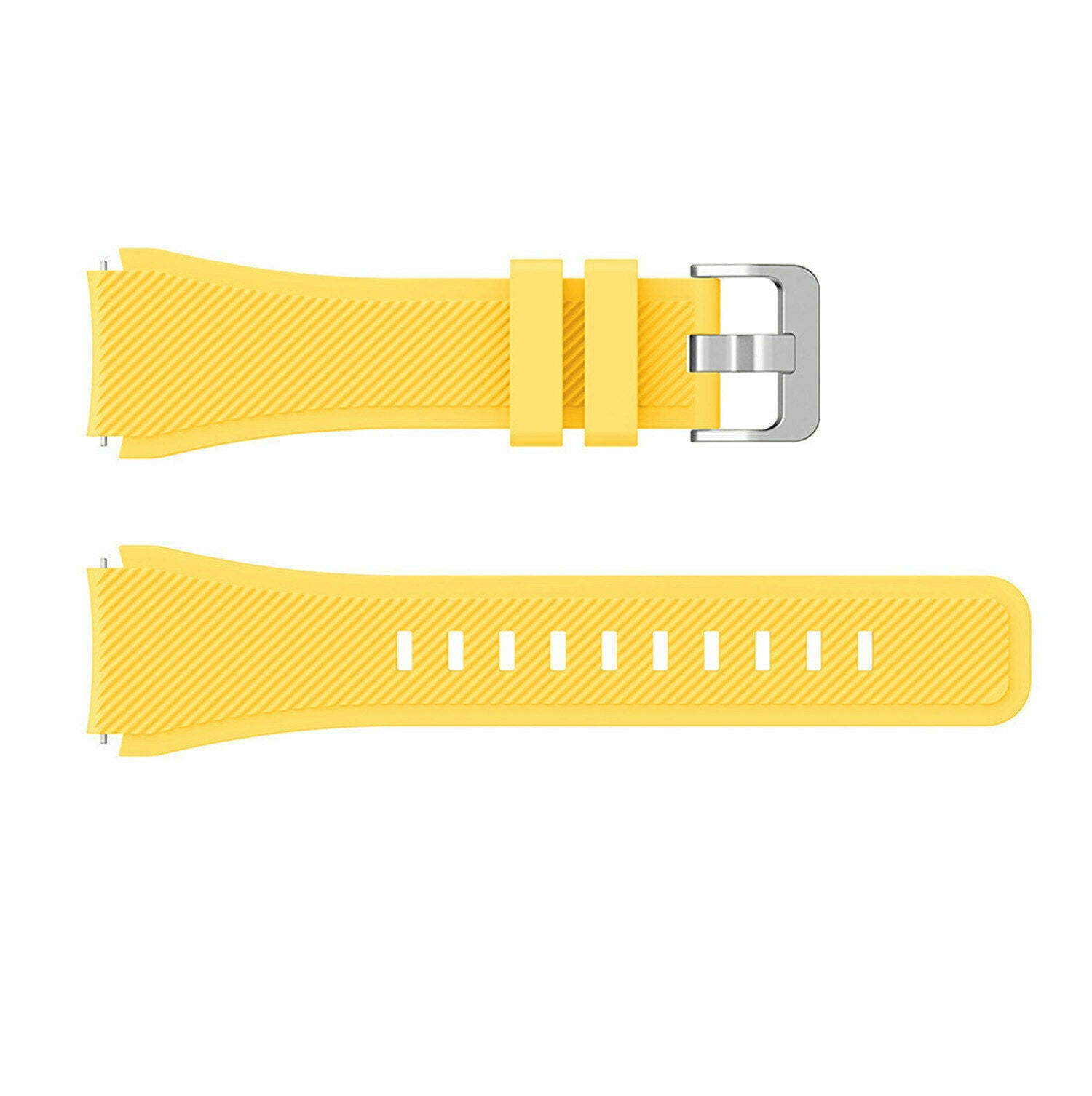 Gelbe Uhrenarmbandteile, eines mit Schnalle, das andere mit Löchern zur Verstellung, beide auf weißem Hintergrund.