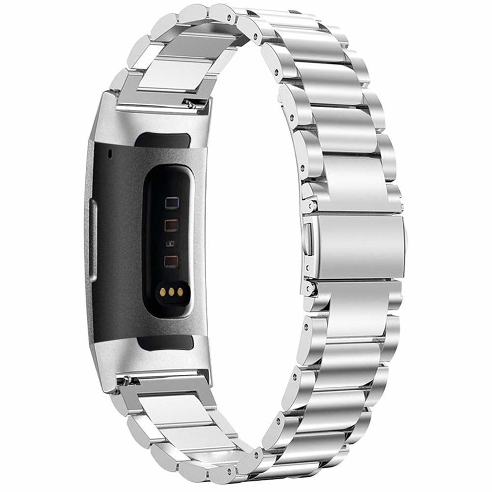 Silbernes Metallarmband mit schwarzem und grauem Zifferblatt. Das Armband besteht aus verbundenen rechteckigen Gliedern.
