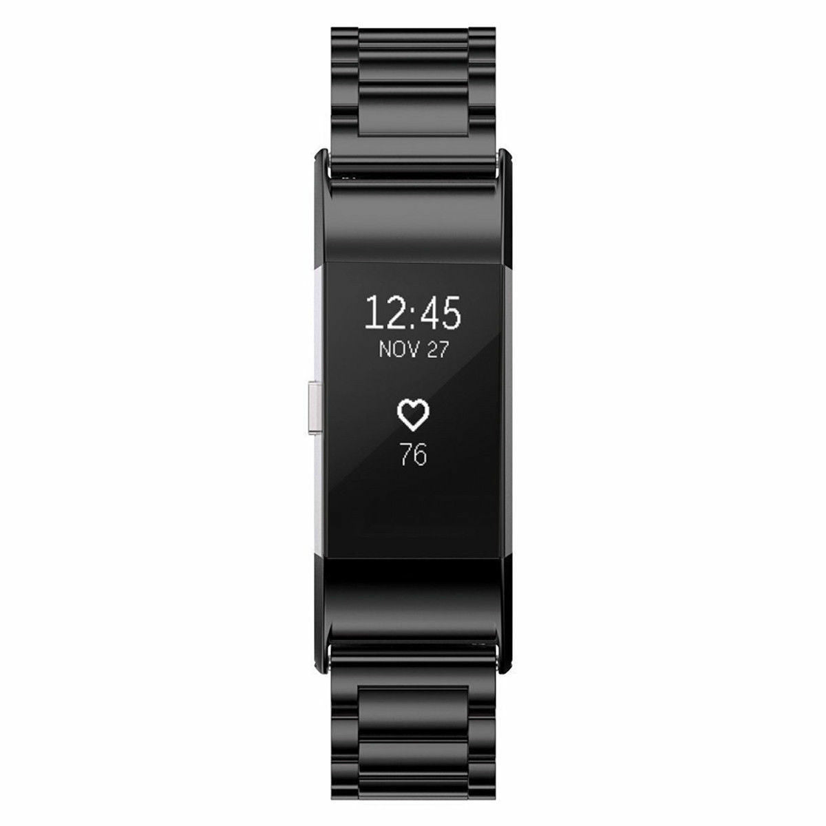 Eine schwarze Smartwatch mit Metallarmband zeigt die Uhrzeit 12:45, 27. Nov, ein Herzsymbol und die Zahl 76 an.