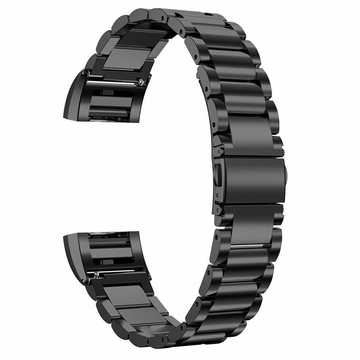 Ein schwarzes Metall-Uhrenarmband wird vor weißem Hintergrund gezeigt. Das Band ist gebogen und zeigt seine Struktur und Details.