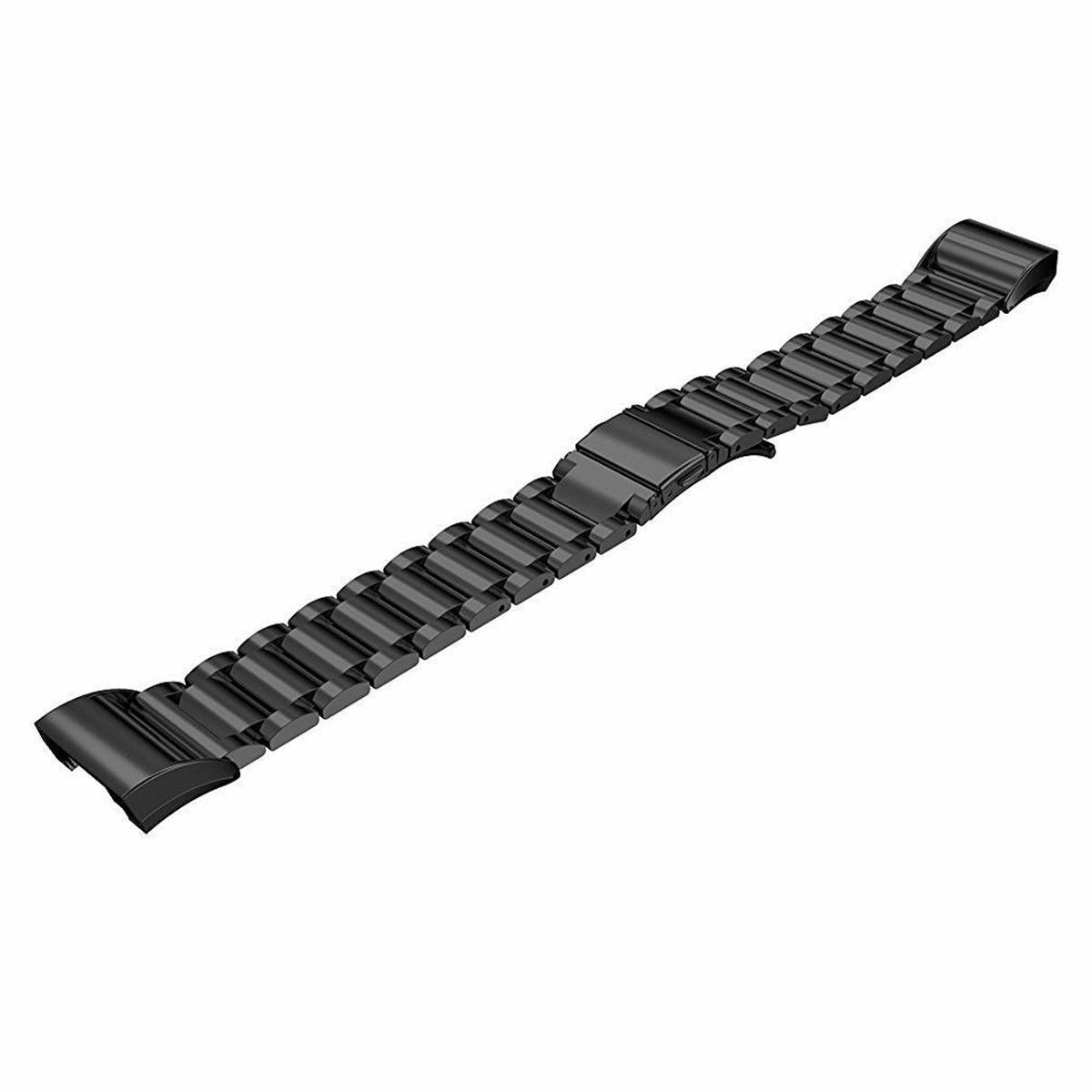 Ein schwarzes Metall-Uhrenarmband liegt diagonal vor weißem Hintergrund. Es besteht aus verbundenen Gliedern mit einem Verschluss.