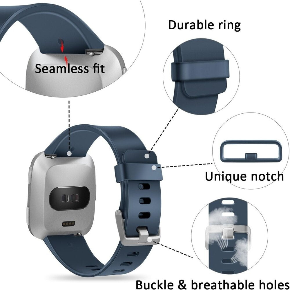 Eine Smartwatch mit blauem Armband. Details umfassen nahtlose Passform, strapazierfähigen Ring, einzigartige Kerbe, Schnalle und atmungsaktive Löcher.