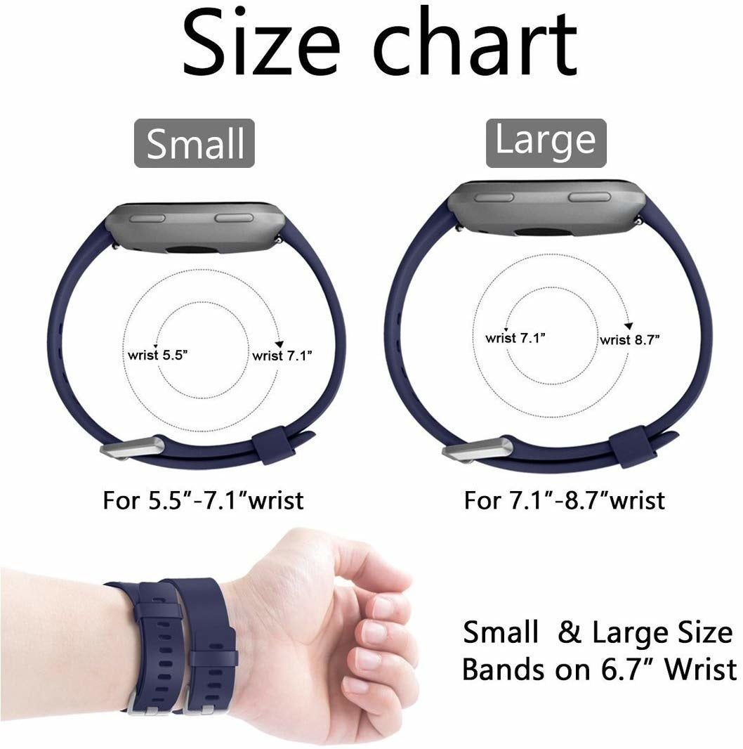 Größentabelle zeigt kleine und große Uhrenarmbänder in Marineblau mit Handgelenkgrößenangaben. Eine Hand zeigt beide Bandgrößen.