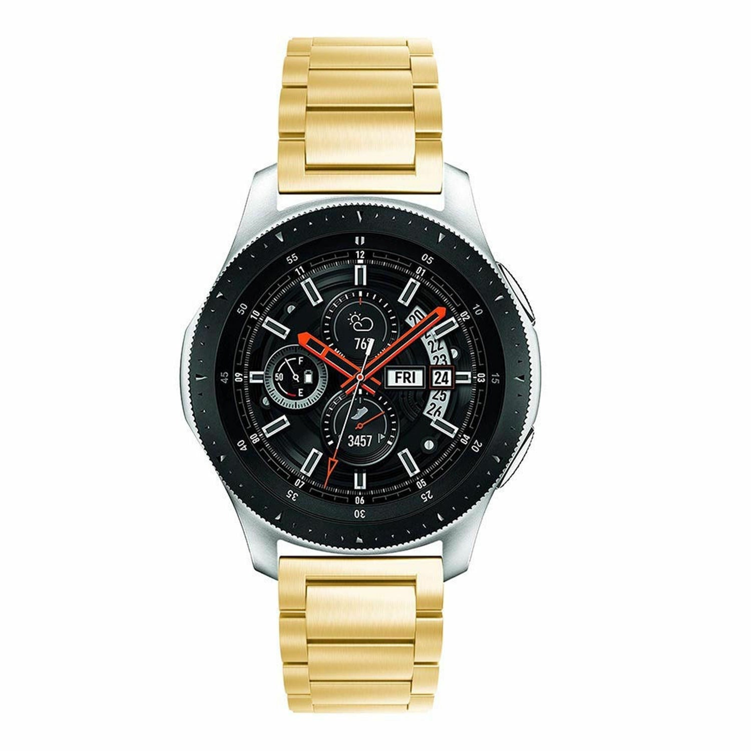 Eine goldfarbene Smartwatch mit schwarzem Zifferblatt, das Datum, Uhrzeit und andere Funktionen anzeigt. Die Uhr hat ein goldenes Metallband.