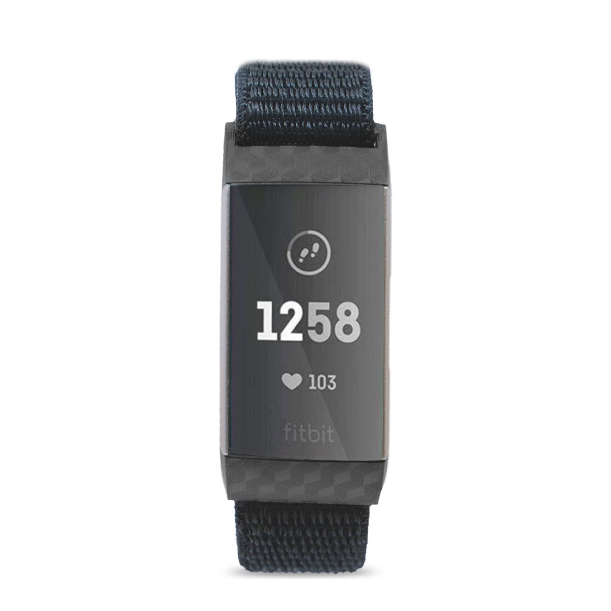 Eine Fitbit-Uhr zeigt 1258 Schritte und 103 Herzschläge. Sie hat einen schwarzen Bildschirm und ein Armband. Der Hintergrund ist weiß.